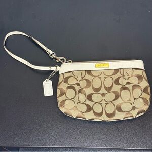 Vintage Coach Wristlet Wallet Taupe Signature Canvas White Leather Trim GUC
